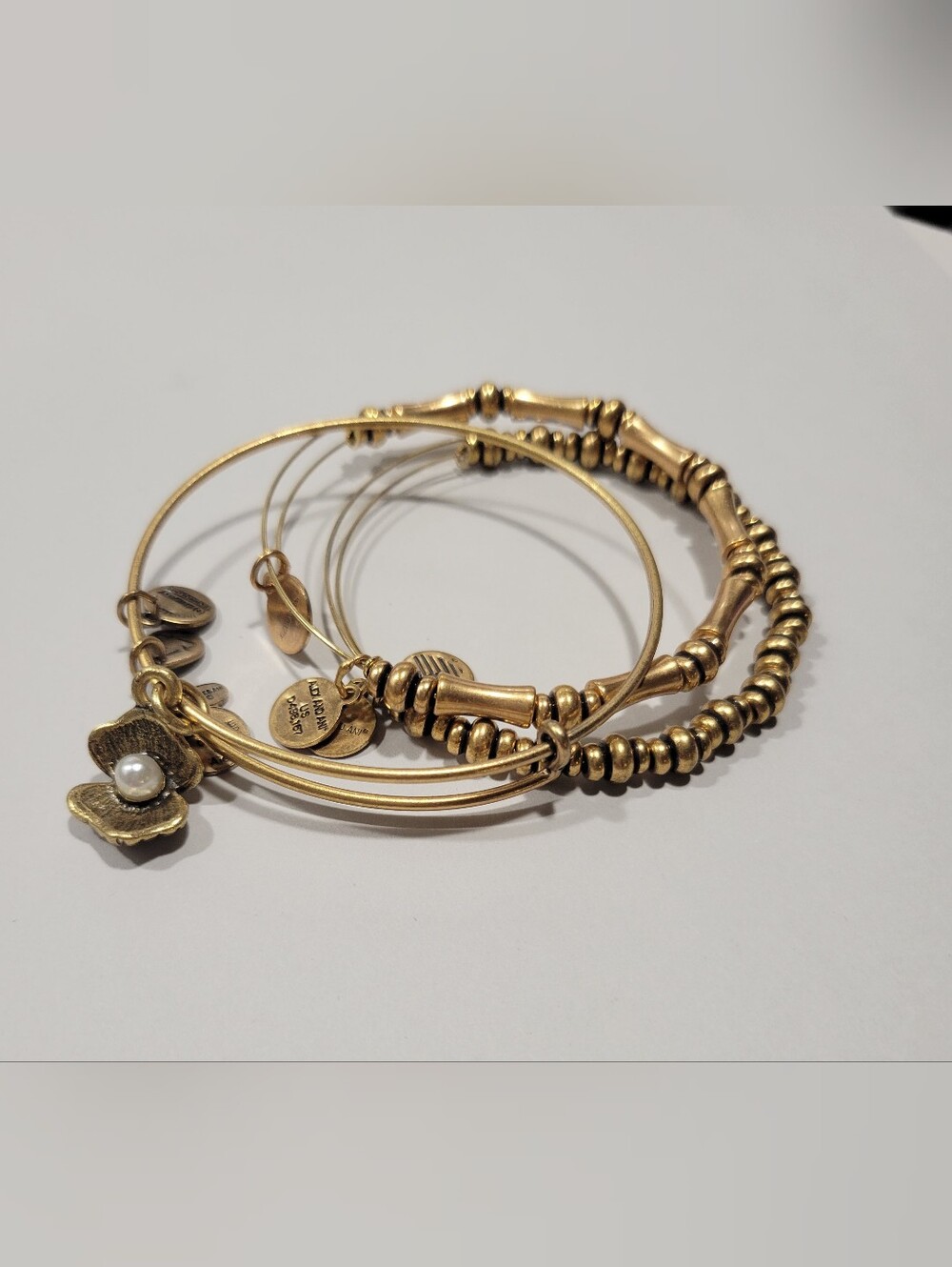 Alex and Ani Gold Bangle Bracelet Stack -Set of 3(Flower Pearl & Textured Bead)